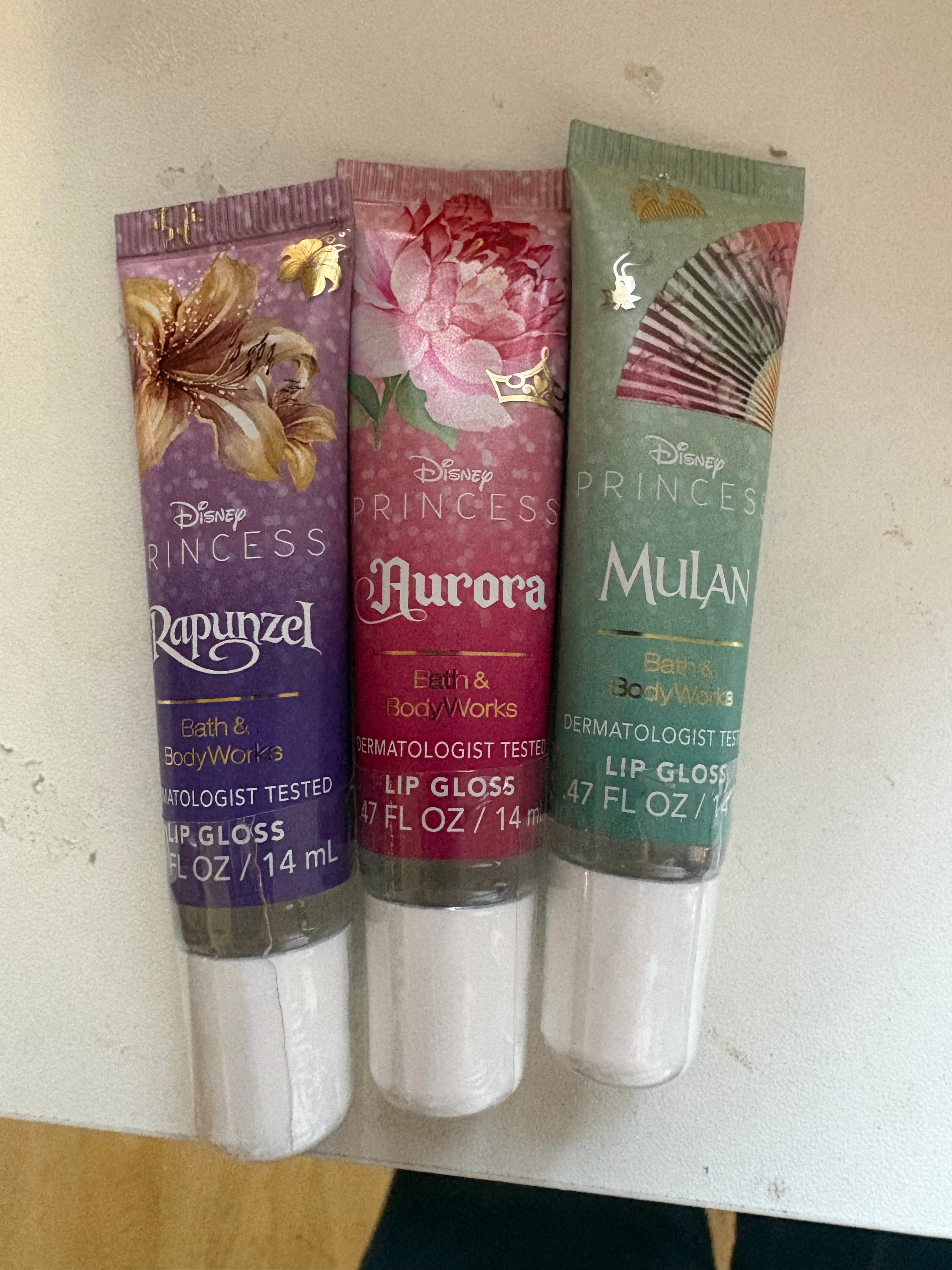 Bath & Body Works Disney Princess Lip Gloss Set Rapunzel Aurora Mulan 0.47 oz Lot of 3 New