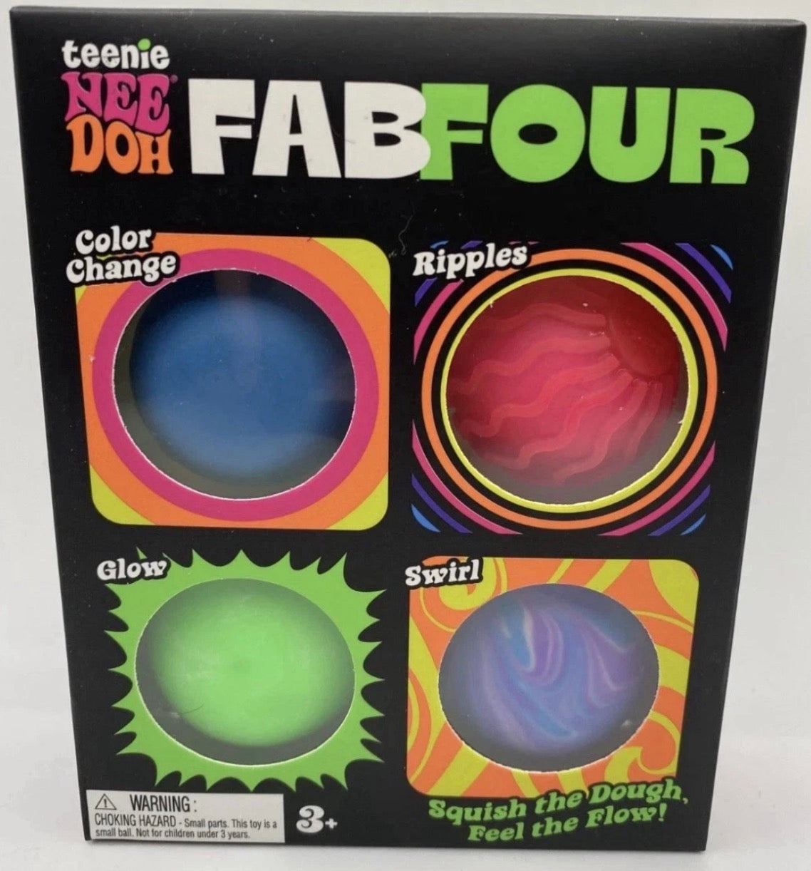 Teenie NeeDoh Fab Four Sensory Squish Ball Set Color Change Glow Swirl Ripples