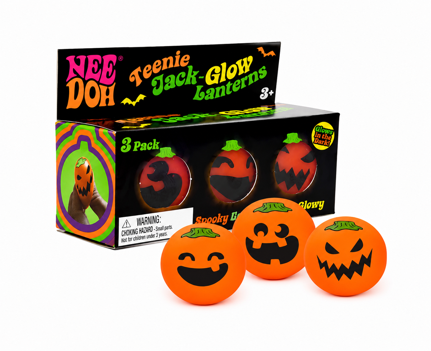 NeeDoh Teenie Jack-Glow Lanterns 3-Pack – Glow in the Dark Halloween Squishy Stress Balls