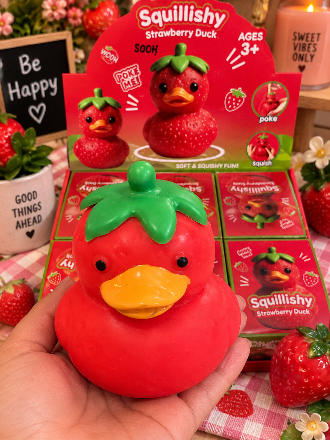 Squillishy Strawberry Duck Squishy Toy – Cute Strawberry Stress Relief Fidget Toy