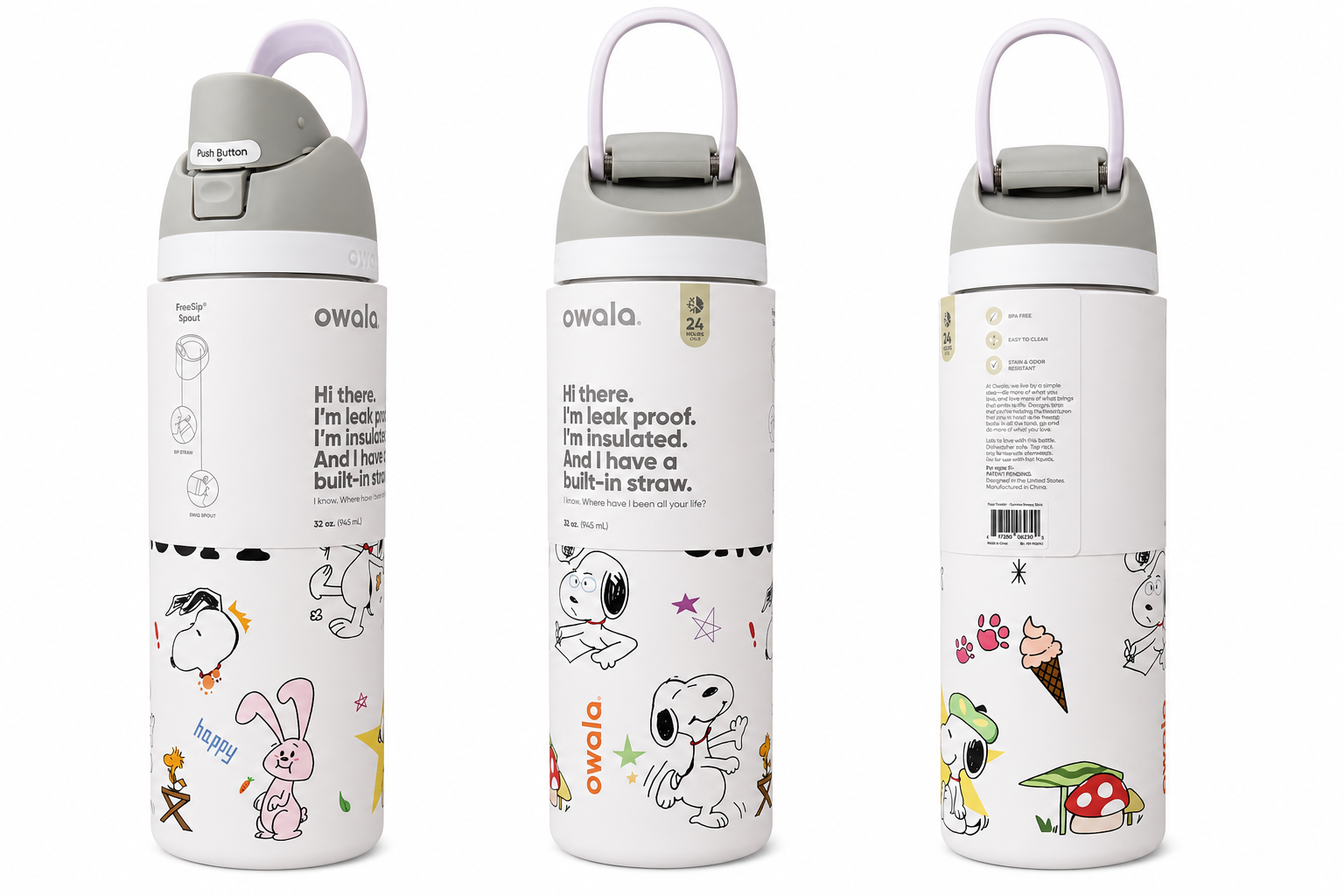 Owala 32 oz FreeSip Water Bottle – Custom Snoopy Sticker Design – Leak Proof – Insulated