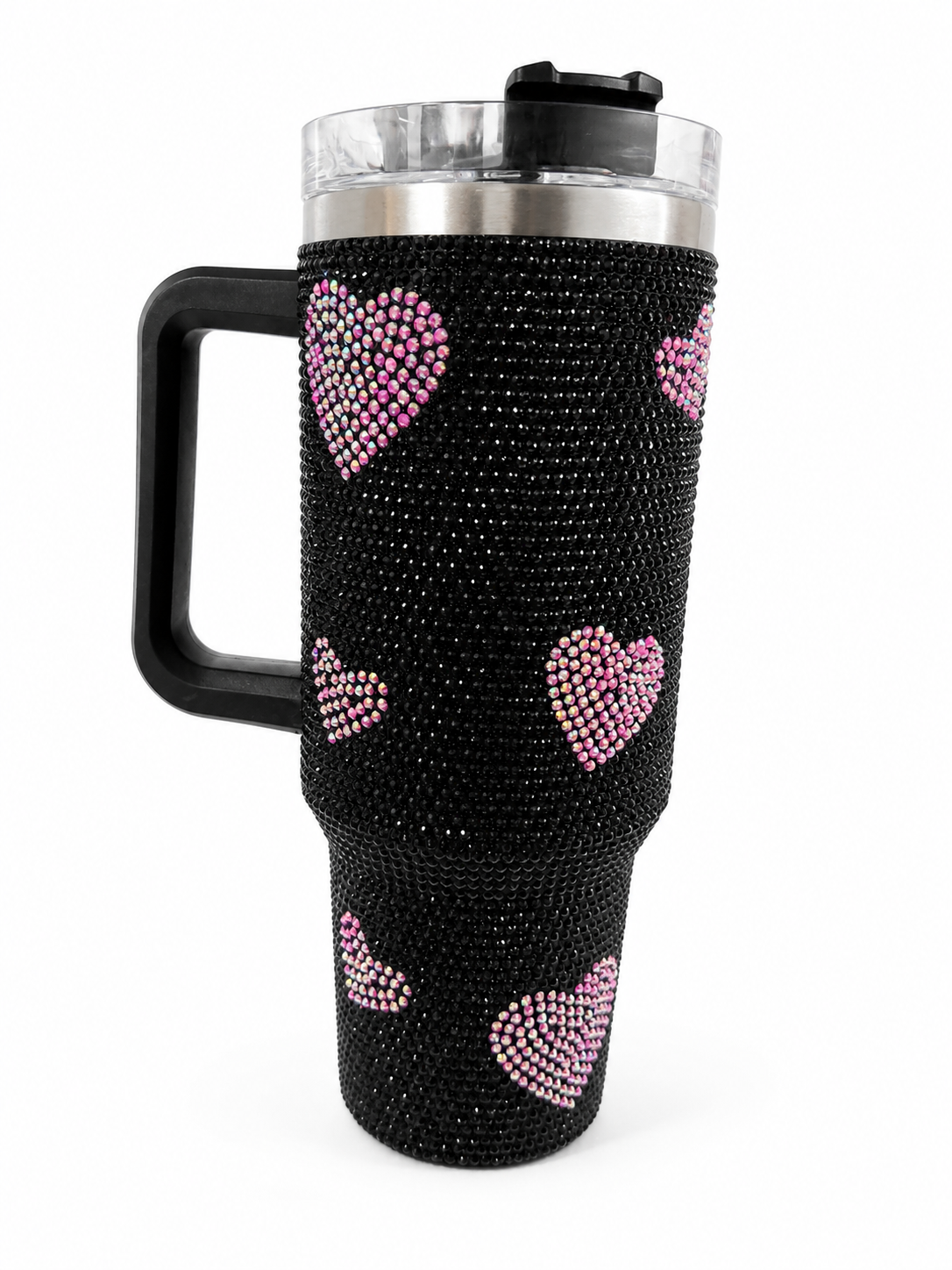 40oz Rhinestone Glitter Bling Tumbler w/Handler - Black with Pink Heart